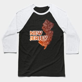 Colorful mandala art map of New Jersey with text in brown and orange Baseball T-Shirt